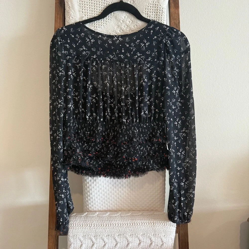 NWOT Free People Black, White, Red & Green Floral Print Bohemian Smocked Top